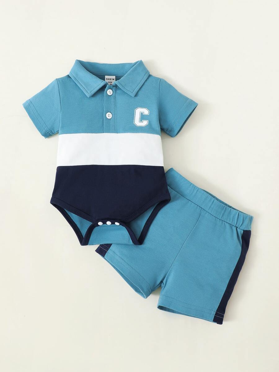 SHEIN Playful Pals Newborn Baby Boy Letter Graphic Colorblock Polo Neck Bodysuit & Shorts - Blue and White - View 1