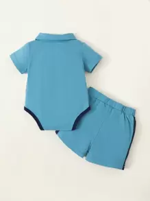 SHEIN Playful Pals Newborn Baby Boy Letter Graphic Colorblock Polo Neck Bodysuit & Shorts - Blue and White - View 2
