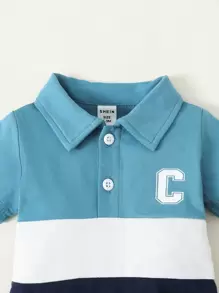 SHEIN Playful Pals Newborn Baby Boy Letter Graphic Colorblock Polo Neck Bodysuit & Shorts - Blue and White - View 3