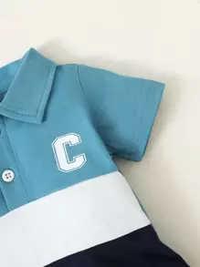 SHEIN Playful Pals Newborn Baby Boy Letter Graphic Colorblock Polo Neck Bodysuit & Shorts - Blue and White - View 4