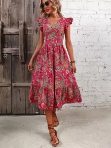 SHEIN Holidaya Vestido con estampado de paisley bajo con fruncido - Rosa Fucsia - Ver 1