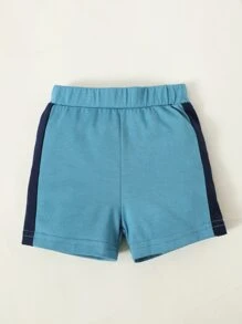 SHEIN Playful Pals Newborn Baby Boy Letter Graphic Colorblock Polo Neck Bodysuit & Shorts - Blue and White - View 6