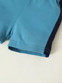 SHEIN Playful Pals Newborn Baby Boy Letter Graphic Colorblock Polo Neck Bodysuit & Shorts - Blue and White - View 7