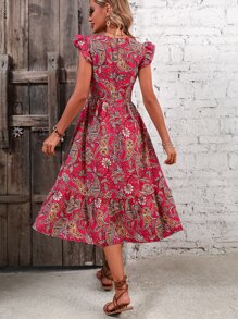 SHEIN Holidaya Vestido con estampado de paisley bajo con fruncido - Rosa Fucsia - Ver 2