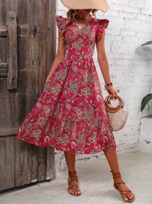SHEIN Holidaya Vestido con estampado de paisley bajo con fruncido - Rosa Fucsia - Ver 4