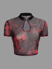 ROMWE PUNK Tie Dye Mandarin Collar Crop Mesh Top - Multicolor - View 1