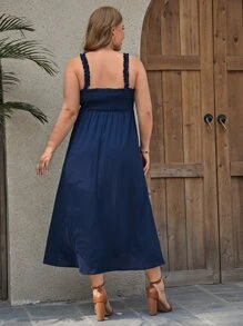 SHEIN VCAY Vestido de tirantes ribete fruncido de muslo con abertura - Azul Marino - Ver 2