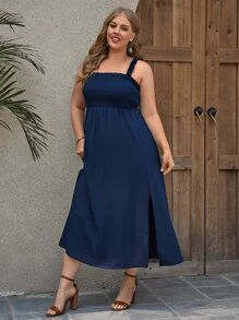 SHEIN VCAY Vestido de tirantes ribete fruncido de muslo con abertura - Azul Marino - Ver 3