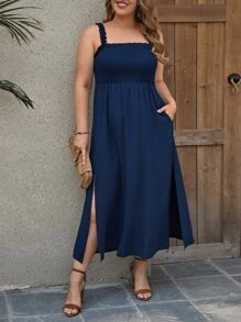 SHEIN VCAY Vestido de tirantes ribete fruncido de muslo con abertura - Azul Marino - Ver 4