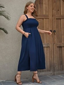 SHEIN VCAY Vestido de tirantes ribete fruncido de muslo con abertura - Azul Marino - Ver 5