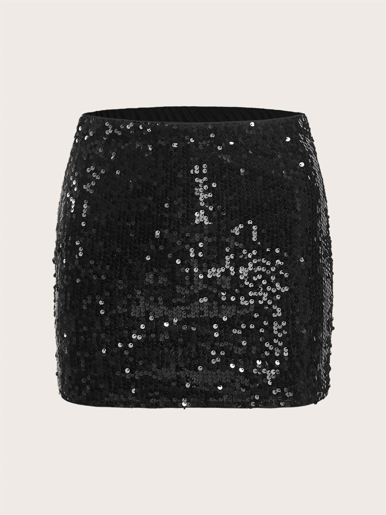 SHEIN ICON High Waist Sequin Skirt - Black - View 1