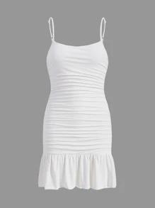 SHEIN Leap Crew Đầm Gái Xù Viên lá sen màu trơn Giải trí - trắng - Xem 1