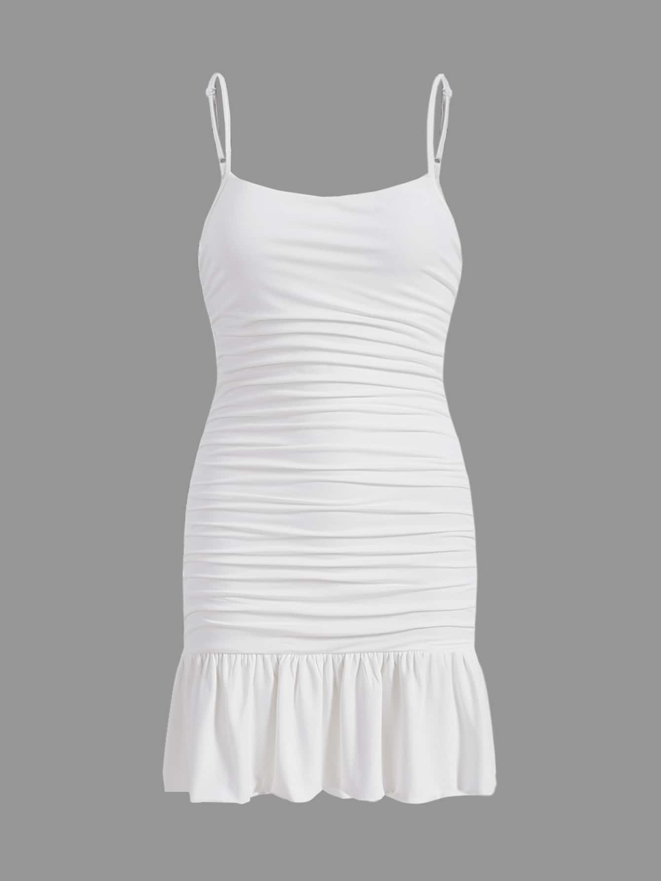 SHEIN Leap Crew Đầm Gái Xù Viên lá sen màu trơn Giải trí - trắng - Xem 1