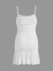 SHEIN Leap Crew Đầm Gái Xù Viên lá sen màu trơn Giải trí - trắng - Xem 2