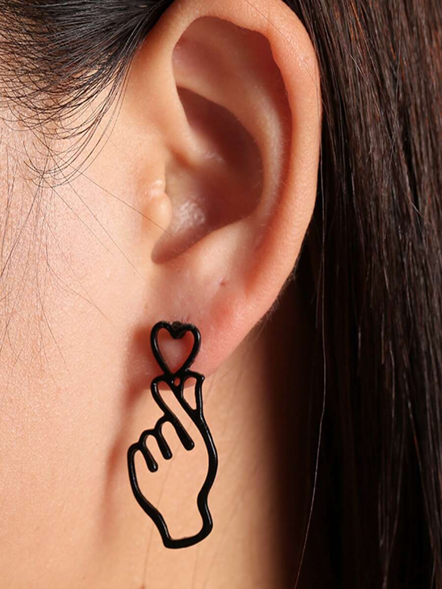 手掌和心形耳墜 - 黑色 - 查看 1