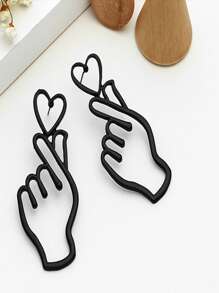 手掌和心形耳墜 - 黑色 - 查看 2