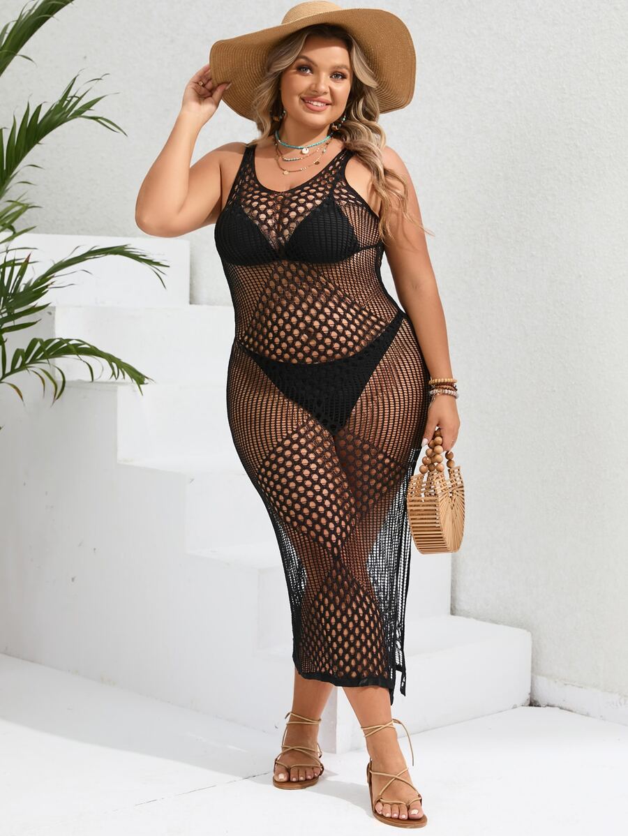 SHEIN VCAY Plus Hollow Out Split Thigh Cover Up Dress Without Bikini Set - Black - View 1