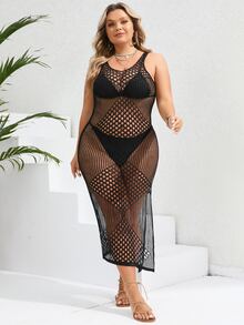 SHEIN VCAY Plus Hollow Out Split Thigh Cover Up Dress Without Bikini Set - Black - View 5