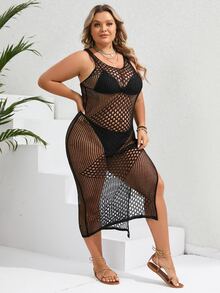 SHEIN VCAY Plus Hollow Out Split Thigh Cover Up Dress Without Bikini Set - Black - View 6
