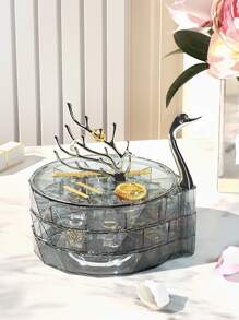 Swan Rotating Jewelry Organizer Box, Multi-Layered Necklace Earrings Rings Storage Case - Grey - View 8