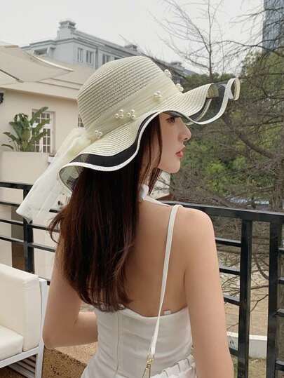Faux Pearl & Bow Decor Straw Hat
