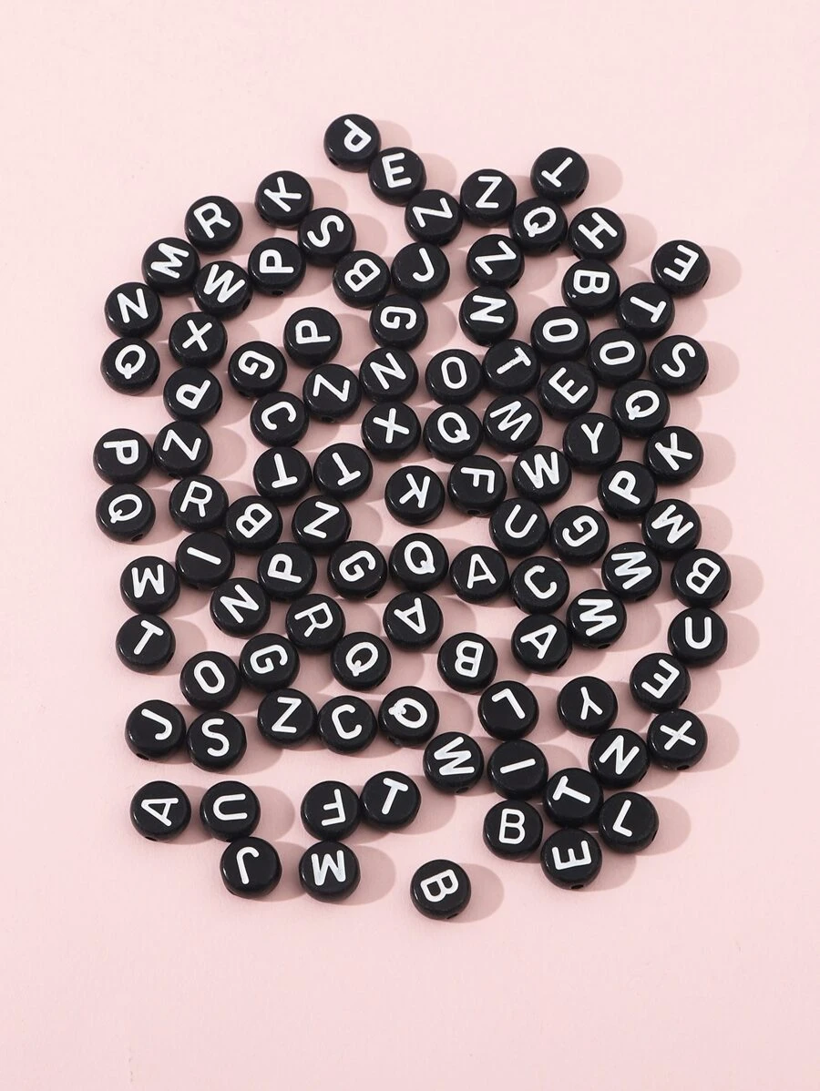 100 顆 7 毫米黑底白字壓克力英文字母塑膠珠可用於製作珠寶、項鍊、手鍊、DIY 混合英文字母元素， - 黑與白 - 查看 1