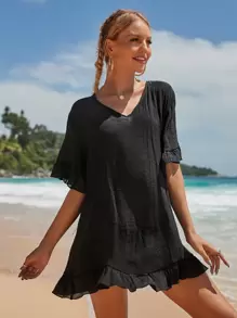 SHEIN Swim Vestido cover up bajo con fruncido de manga con volante - Negro - Ver 1