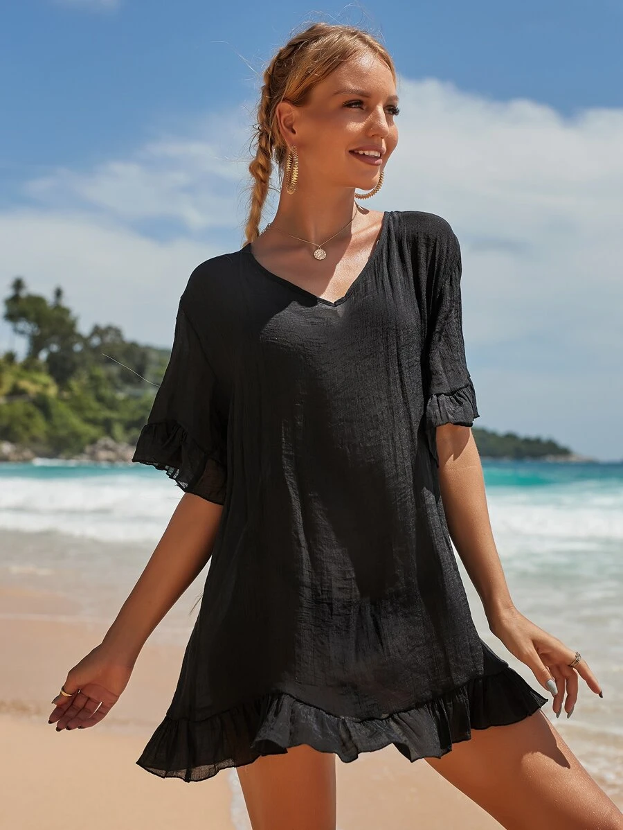 SHEIN Swim Vestido cover up bajo con fruncido de manga con volante - Negro - Ver 1