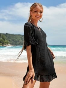 SHEIN Swim Vestido cover up bajo con fruncido de manga con volante - Negro - Ver 3