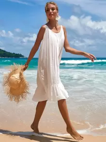 SHEIN Swim Ruffle Hem Cami Cover Up Dress Summer - White - View 5