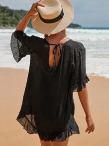SHEIN Swim Vestido cover up bajo con fruncido de manga con volante - Negro - Ver 5