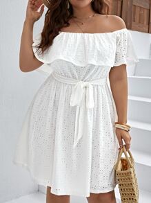 SHEIN VCAY Vestido schiffy de hombros descubiertos ribete con fruncido con cinturón - Blanco - Ver 4