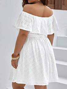 SHEIN VCAY Vestido schiffy de hombros descubiertos ribete con fruncido con cinturón - Blanco - Ver 5