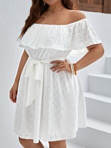 SHEIN VCAY Vestido schiffy de hombros descubiertos ribete con fruncido con cinturón - Blanco - Ver 1