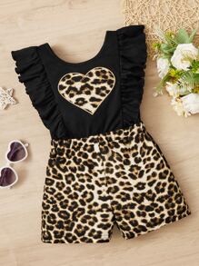 Toddler Girls Leopard & Heart Print Ruffle Trim Romper - Multicolor - View 1