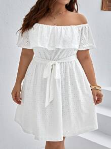 SHEIN VCAY Vestido schiffy de hombros descubiertos ribete con fruncido con cinturón - Blanco - Ver 2