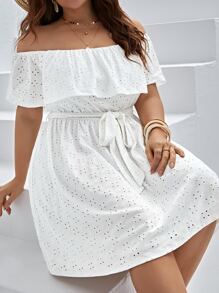 SHEIN VCAY Vestido schiffy de hombros descubiertos ribete con fruncido con cinturón - Blanco - Ver 3