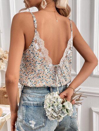 SHEIN Frenchy Boho Vrolijke Bloemetjes Dames tank tops & cami's Zonder rug Contrast kant Tie Terug