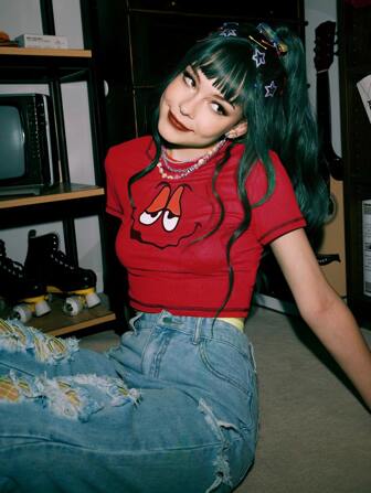 Street Life Cartoon Graphic Contrast Binding Crop Tee Emo