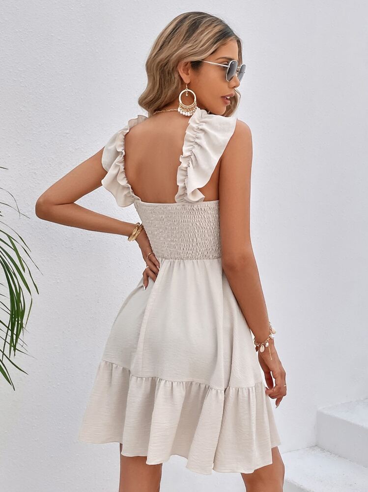 SHEIN VCAY Einfarbig Gerafftes Kleid mit Rüschen - Beige - Übersicht 2