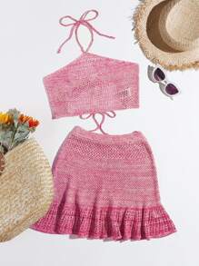 SHEIN Swim Space Dye Halter Neck Tie Backless Crop Top & Ruffle Hem Skirt Cover Up Set,Summer Beach - Hot Pink - View 1