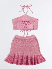 SHEIN Swim Space Dye Halter Neck Tie Backless Crop Top & Ruffle Hem Skirt Cover Up Set,Summer Beach - Hot Pink - View 2