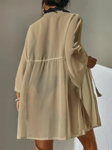 Guipure Lace Trim Tie Front Kimono - Khaki - View 2