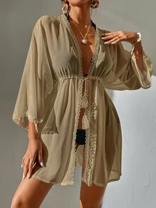 Guipure Lace Trim Tie Front Kimono - Khaki - View 4