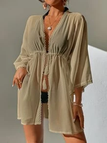 Guipure Lace Trim Tie Front Kimono - Khaki - View 5