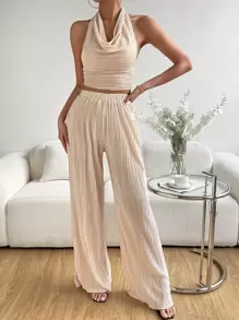 SHEIN X Tarsha Whitmore SHEIN Privé 前垂褶露背掛脖上衣和闊腿褲 - 杏色 - 查看 3