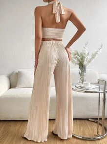 SHEIN X Tarsha Whitmore SHEIN Privé 前垂褶露背掛脖上衣和闊腿褲 - 杏色 - 查看 2