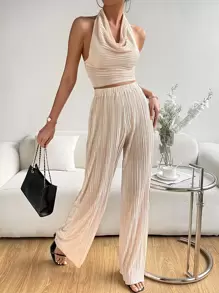 SHEIN X Tarsha Whitmore SHEIN Privé 前垂褶露背掛脖上衣和闊腿褲 - 杏色 - 查看 7