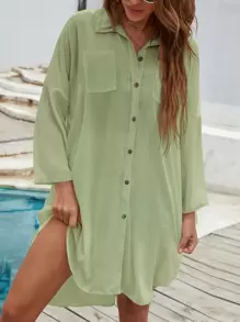 SHEIN LUNE Áo sơ mi nữ Túi Nút phía trước màu trơn Giải trí - màu xanh lá - Xem 1
