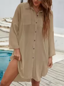 EMERY ROSE 落肩袖口袋貼布前紐扣襯衫 - 卡其色 - 查看 1